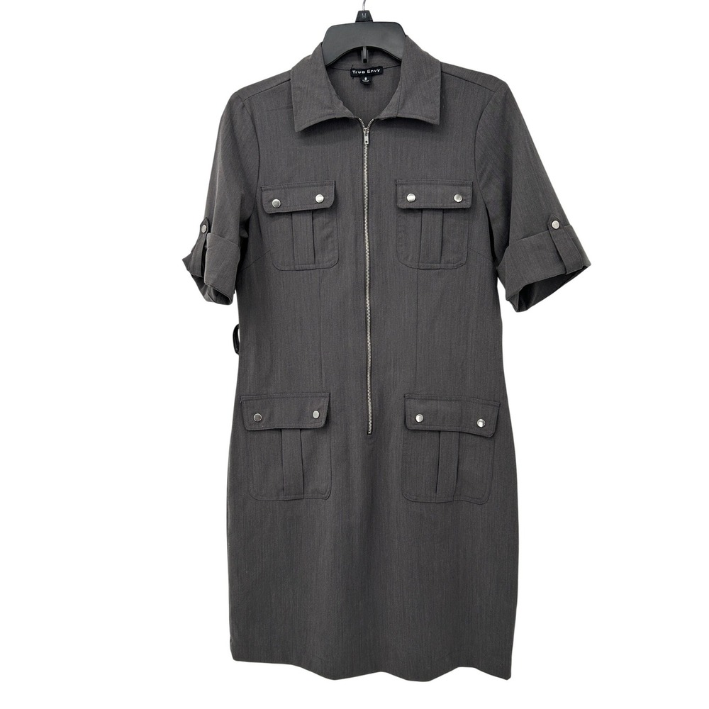 True Envy Gray Utility Shirt Dress Size 8 Zip Front Safari Minimalist Chic